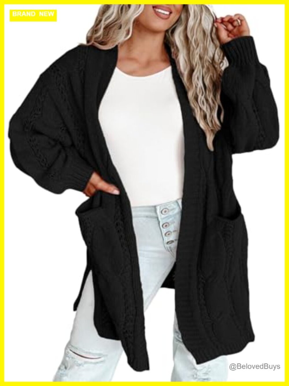 Plus Size Cable Knit Open Front Cardigan Long Sleeve Acrylic Sweater